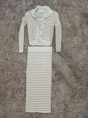 Marled Ribbed Knit 3 Piece Skirt Set XS Neutral Stripe Cardigan Tank